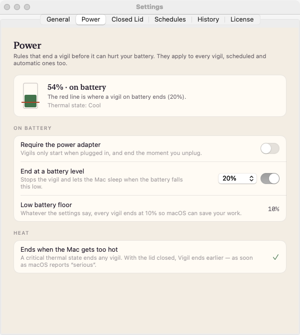 Vigil’s Power settings: require the adapter, end at a battery level, the 10% floor and heat